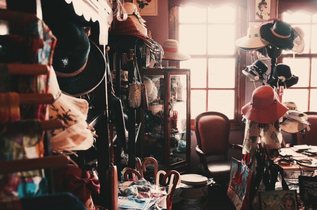 A room filled with vintage hats.